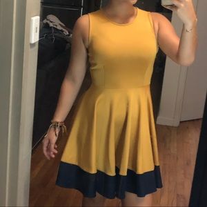 Mustard dress with navy blue stripe